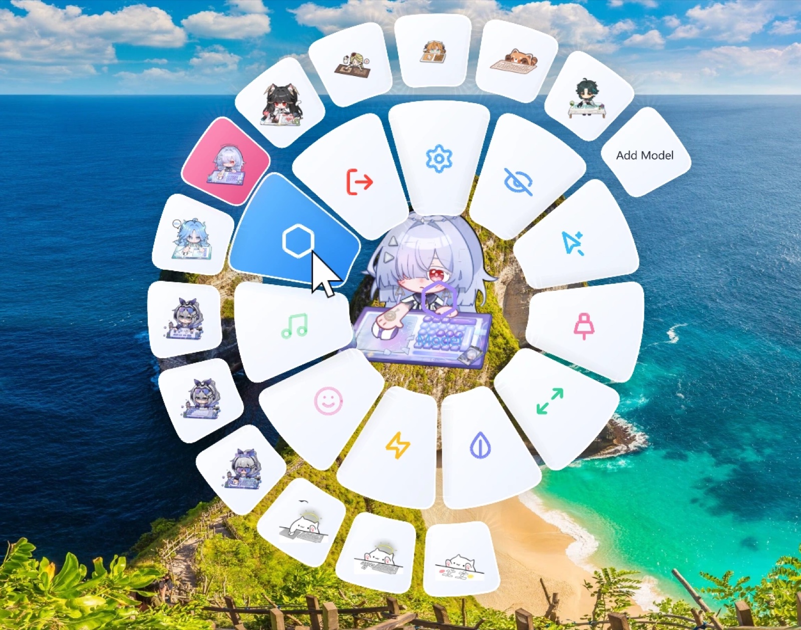 The vladelaina app's radial menu over the desktop: model tiles in a ring, action icons in the middle, Add Model at the top right