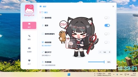 Live2D preferences in the app: a cat-eared character preview with size and opacity sliders