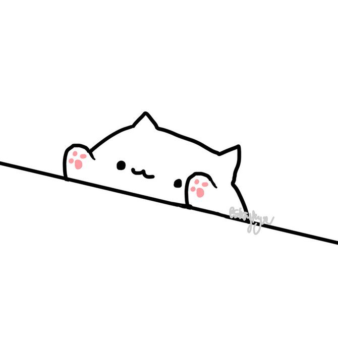 The original Bongo Cat drawing: a white cat peeking over a line, pink paw pads, the artist's signature in the image